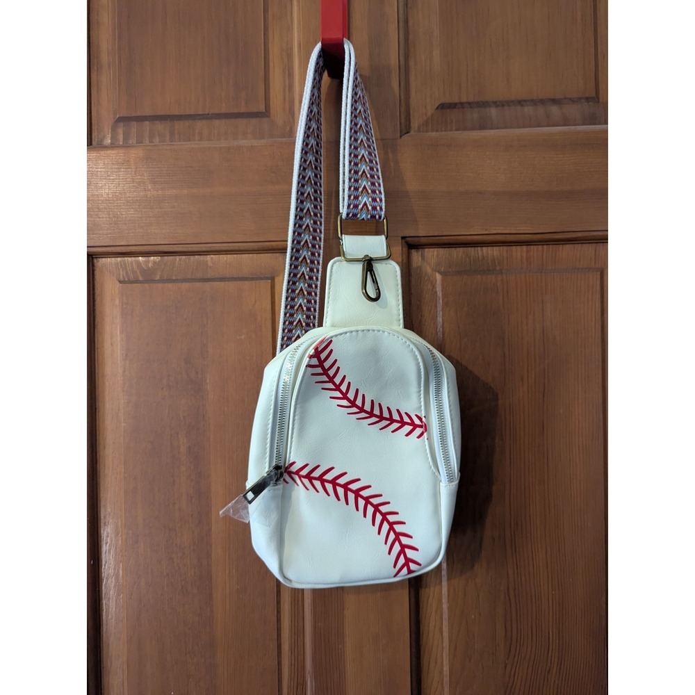 NWOT Baseball Sling Bag White Red Stitching‎ Adjustable Strap Crossbody Purse